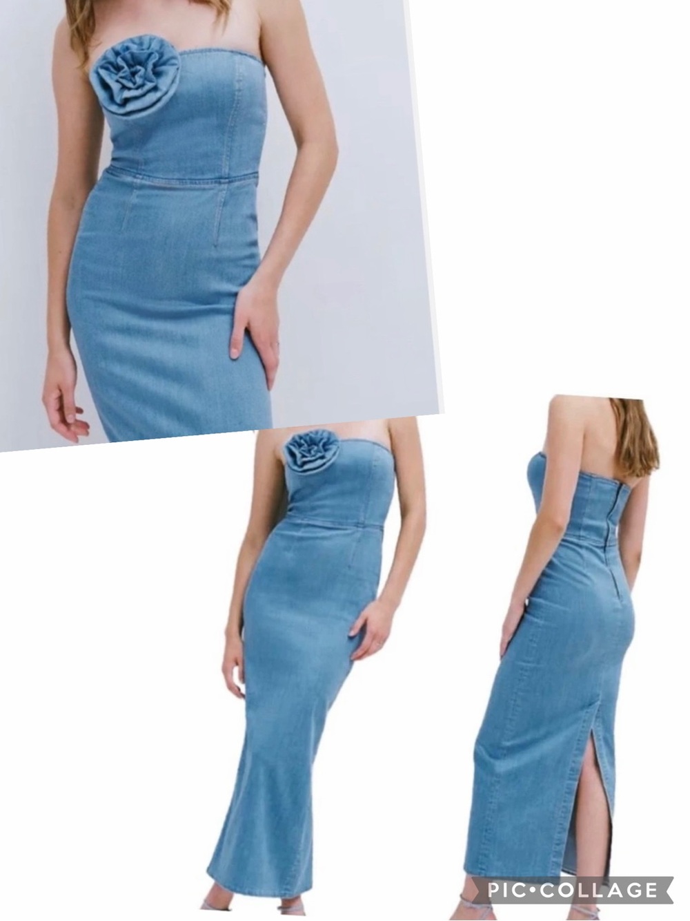 Torn by Ronny Kobo Strapless Light Blue Denim Maxi Dress with Rosette Size M💙
